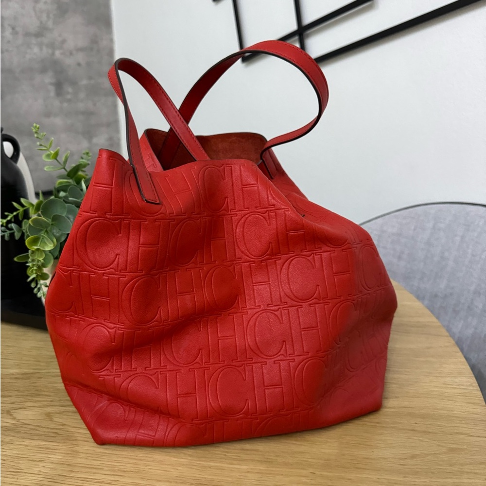 Carolina Herrera Red Geometric Textured Tote